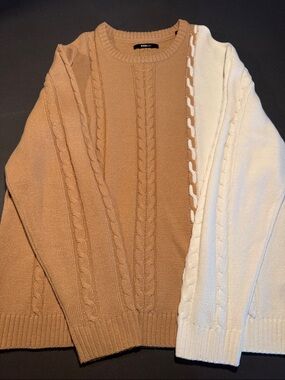 ASOS Two-Tone Cable Knit Crewneck Sweater in Camel and Cream